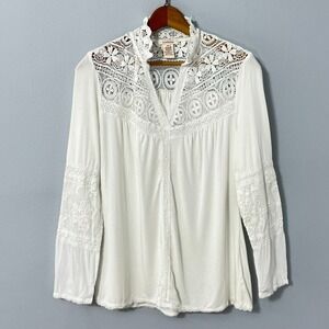 Sundance White Popover‎ Top Women XS Lace Embroidered Stretch V-Neck Boho
